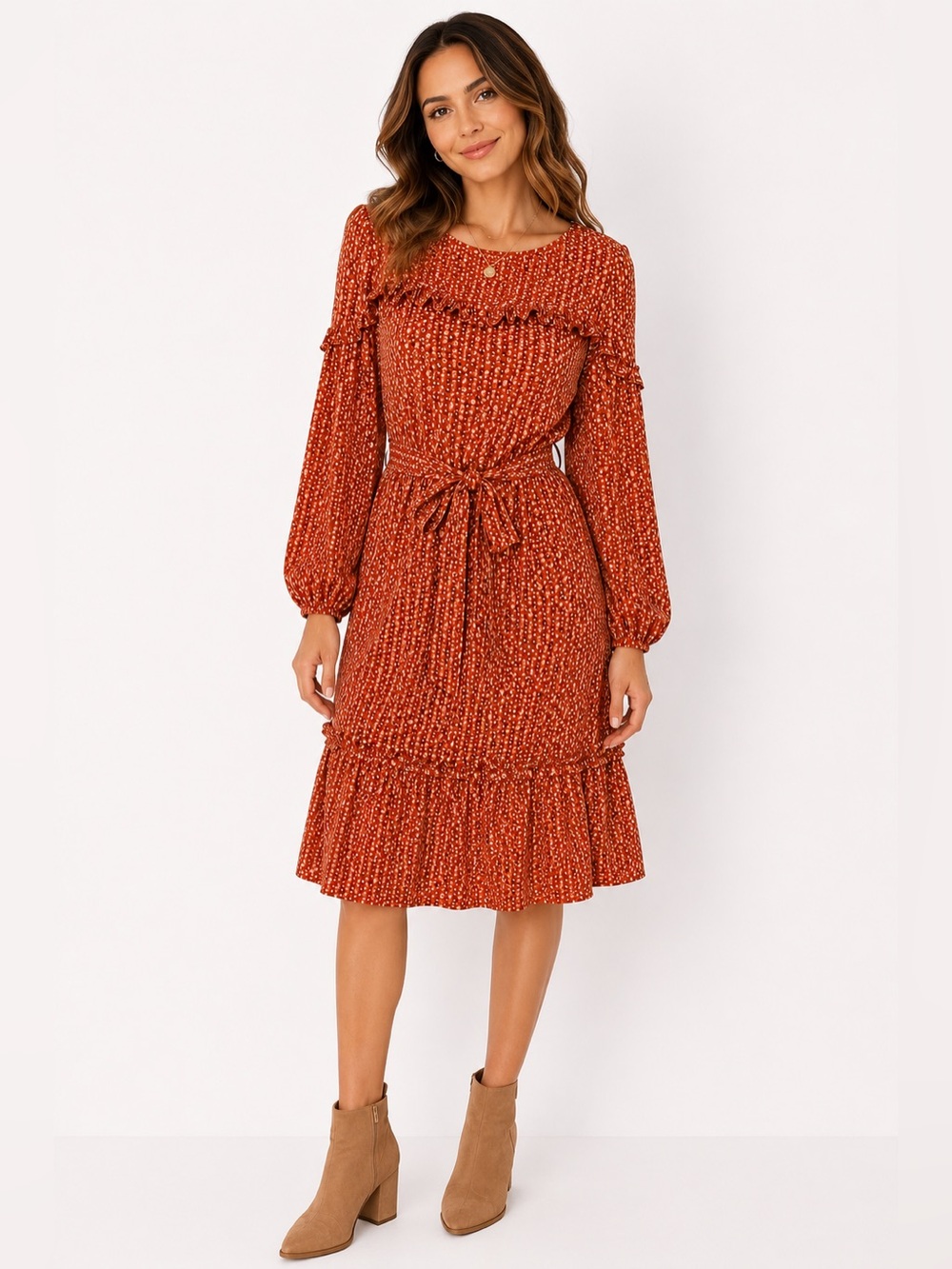 Max Studio Rust Geo Print Ruffle Dress Small Boho Tie Waist Midi western boho